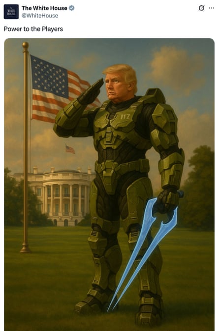 A stylised image of Donald Trump wearing armour and holding a weapon with the caption ‘Power to the players’