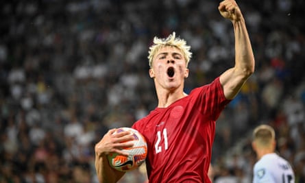 Denmark forward Rasmus Højlund celebrates after scoring a goal in Euro 24 qualifying