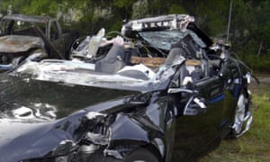 The wreck of the fatal Tesla crash, which killed its driver, Joshua Brown.
