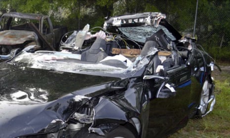 A Tesla Model S that was being driven by Joshua Brown, who was killed when the Tesla sedan crashed while in self-driving mode in Florida on 7 May 2016.