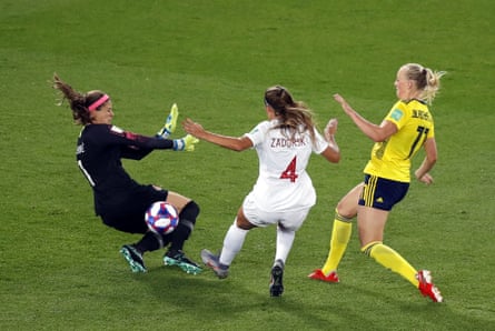 Sweden’s Stina Blackstenius (right) scores against Canada in the 2019 Women’s World Cup.