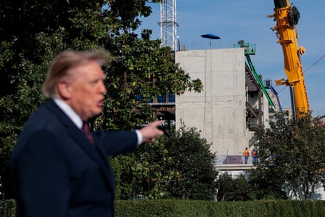 Donald Trump pointed to the construction site of the White House ballroom on Friday before leaving for Mobile, Alabama.
