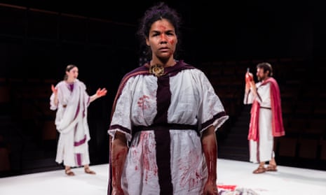 Geraldine Hakewill, Zahra Newman and Ewen Leslie in Sydney Theatre Company’s Julius Caesar, 2021.