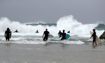 Large waves in Byron Bay as wild weather lashes the coast in northern NSW on Sunday.