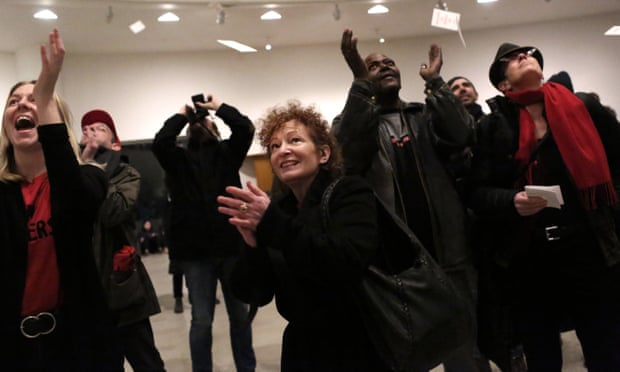 Nan Goldin, centre, and members of Prescription Addiction Intervention Now lead a protest at the Guggenheim Museum in New York, against its funding by the Sackler family, February 2019