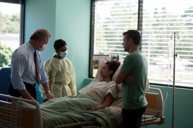 Owen Teale as Prof Chad Berger, Arka Das as intern Tabb Patel, Melissa Bonne and Troy Harrison in ABC’s new Australian medical drama Pulse