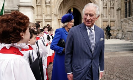 King Charles III and Camilla, the Queen Consort conscionable   with choristers aft  the Commonwealth Day work  astatine  Westminster Abbey.