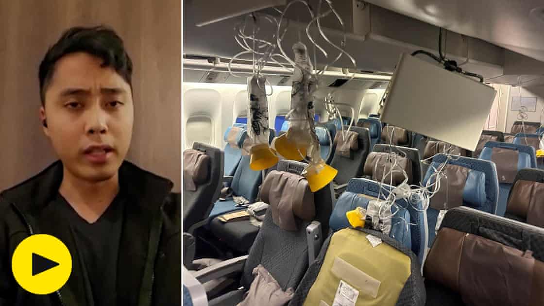 'Going completely horizontal': passengers on Singapore Airlines flight hit by turbulence – video