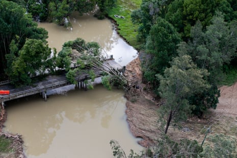 Aerial images from Mullumbimby shows fallen trees and a damaged bridge caused by flooding in northern New South Wales.