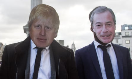 Two men wearing Boris Johnson and Nigel Farage masks.
