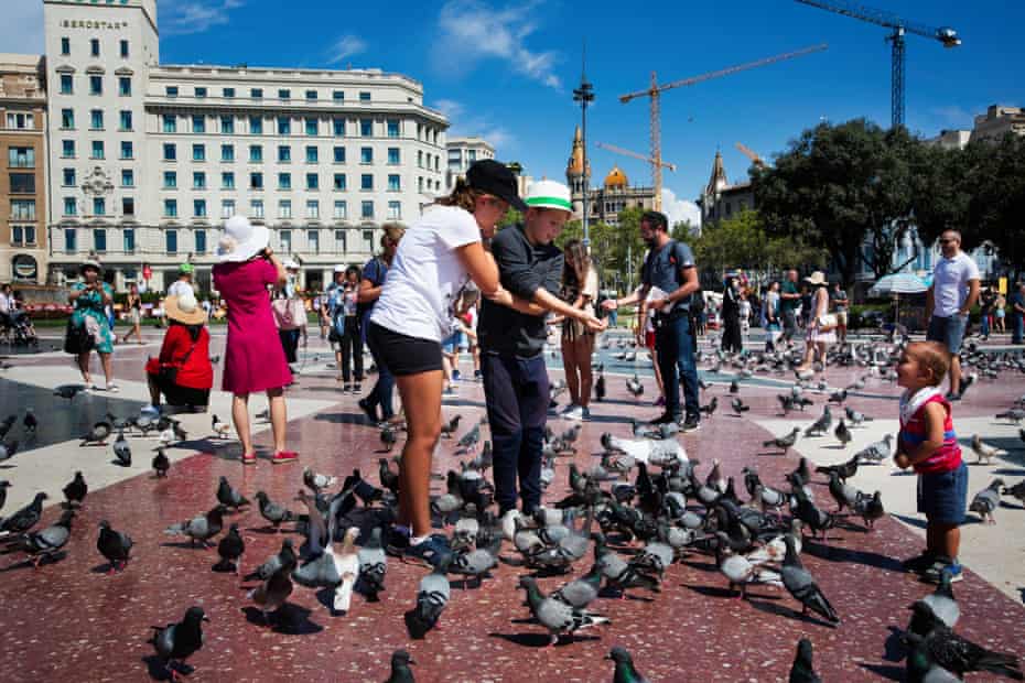 Feeding the pigeons on Plaza Catalunya.