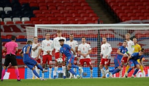 Reece James of England leathers a free-kick goalwards.