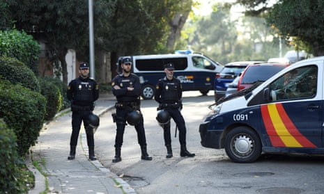 Spanish police block the street after an explosion at the Ukraine's embassy in Madrid