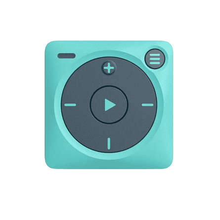 A square teal Mighty music player with a dark circular dial and play button