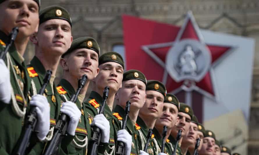 Russian servicemen march during a dress rehearsal for the Victory Day military parade in Moscow on Saturday.