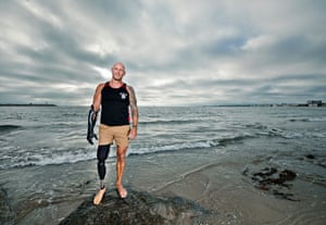 Paul de Gelder, a shark attack survior turned sealife campaigner, photographed at Charlie Beach, Marina Del Rey, California for the Observer Magazine.
