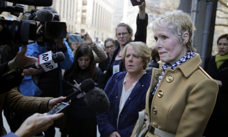 E Jean Carroll talks to reporters in New York in March
