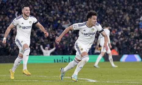 Rodrigo Moreno celebrates Leeds’ equaliser against West Ham