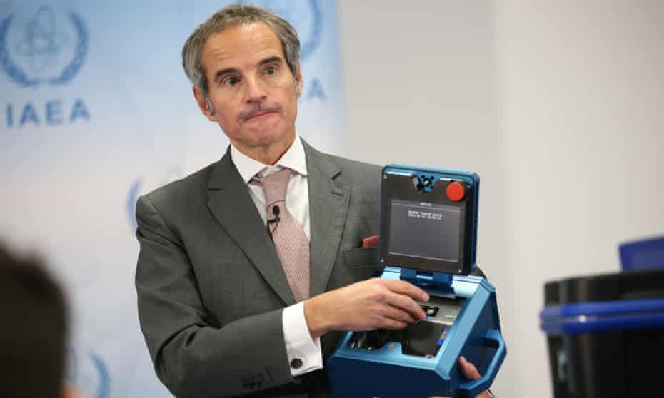 Rafael Grossi displays the camera system to be used in Iran’s Karaj nuclear facility at a press conference in Vienna on Friday.