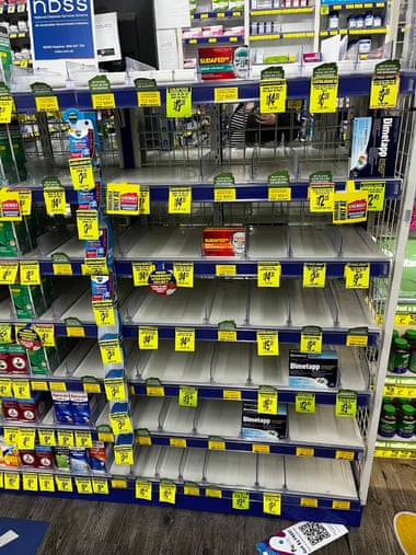 Empty medicine shelf at Chemist Warehouse in Fitzroy, Melbourne, Australia