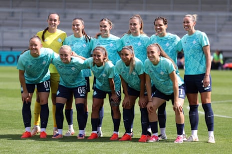 London City Lionesses pose for a team group photo during the pre-season friendly match between London City Lionesses and Atletico Madrid at Copperjax Community Stadium on August 23, 2026 in Bromley