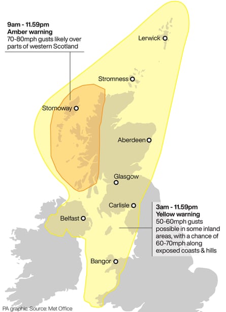 Where Storm Ashley is likely to hit on Sunday.