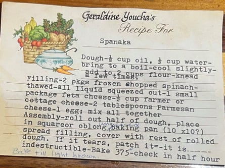 A photo of a recipe card for spinaka.