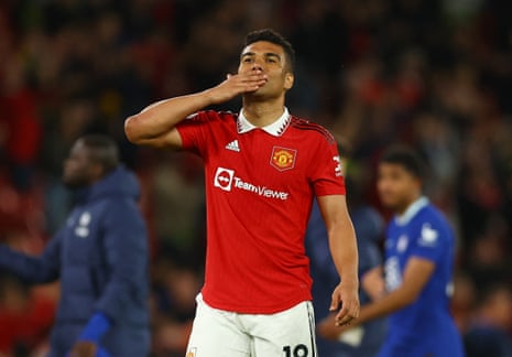 Casemiro celebrates at full-time as Manchester United return to the Champions League.