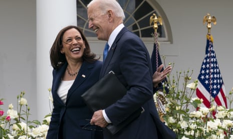 Vice president Kamala Harris with Joe Biden in the White House rose garden.