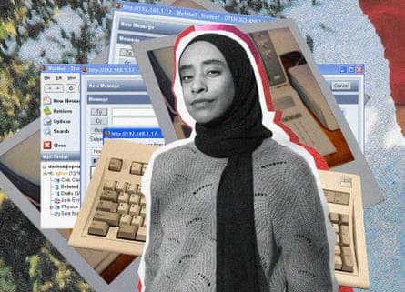 woman superimposed over images of email