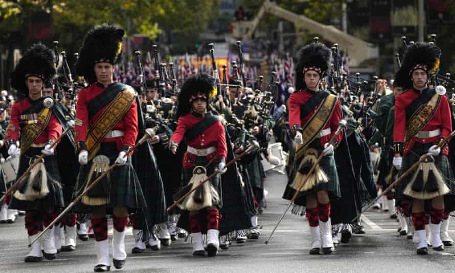 A pipe band at the Anzac Day march in Sydney