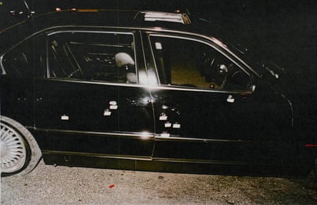 This photo provided by the Las Vegas Metropolitan police Department shows the bullet-riddled car in which rapper Tupac Shakur was fatally shot in September 1996, in Las Vegas.