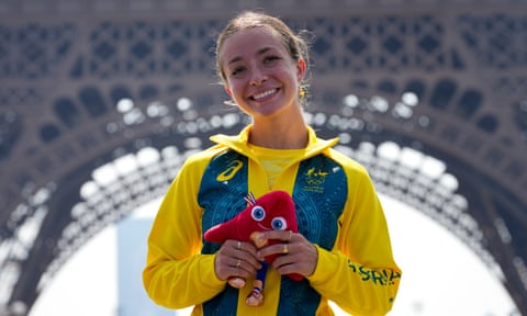 Bronze medallist Australia's Jemima Montag in front of the Eiffel Tower