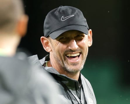 Tony Popovic laughs during a training session in his first year in charge of the Socceroos