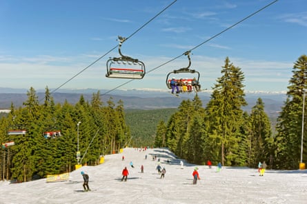 People skiing on a piste surrounded by trees on a sunny day.