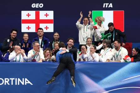 Matteo Rizzo didn’t let a wall stop him from seeing his fellow Italians after his free skate in the figure skating team event.
