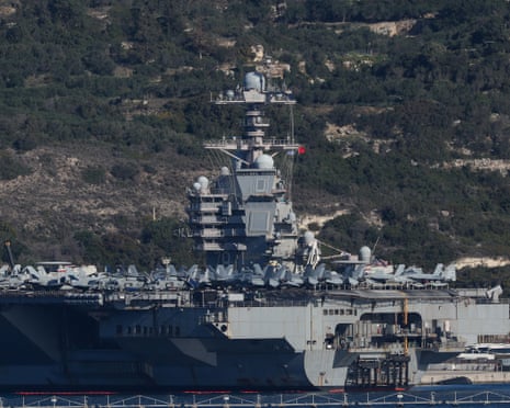 Aircraft are on the deck of the USS Gerald R. Ford aircraft carrier at Souda Bay on the island of Crete, Greece, February 24, 2026