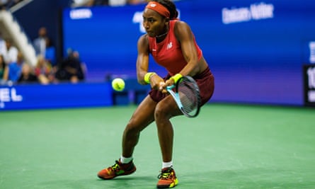 Coco Gauff hits a backhand against Aryna Sabalenka in the US Open women’s singles final