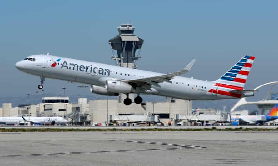 An American Airlines Airbus A321 plane takes off from Los Angeles International Airport