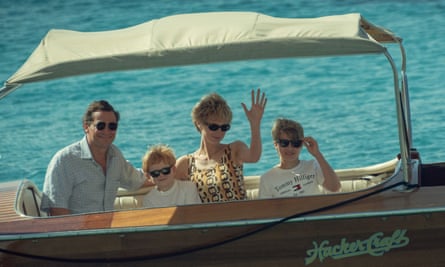 Elizabeth Debicki as Diana, Princess of Wales, Dominic West as Charles, Teddy Hawley as Prince Harry and Timothee Sambor as Prince William, from season five of The Crown, 2022
