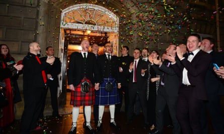 Malcolm Brown and Joe Schofield celebrate at one of the first same-sex weddings in Scotland