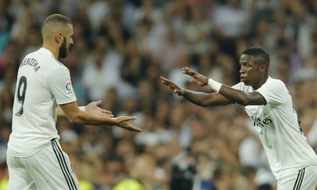 Vinicius Júnior, right, replaces Karim Benzema in the La Liga derby against Atlético at the end of September.