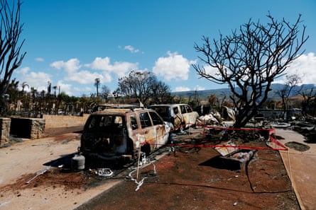 A flat landscape showing burned trees and burned-out cars under an oddly beautiful and serene blue sky with a few puffy white clouds on the horizon.