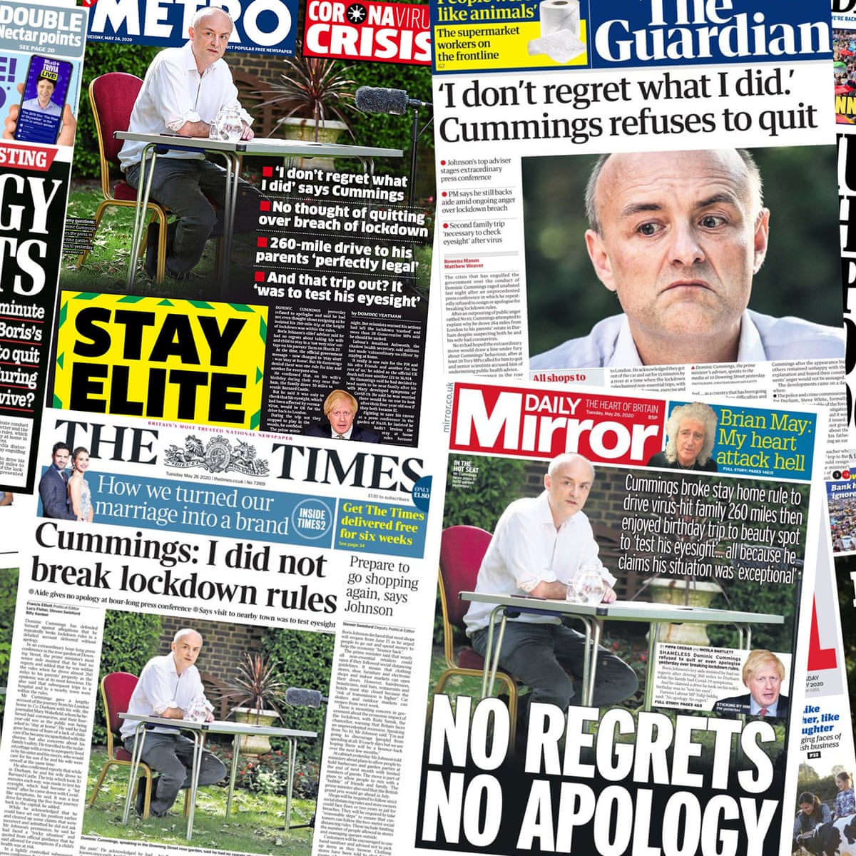 Stay Elite What The Papers Say About Dominic Cummings Refusal To Quit Politics The Guardian