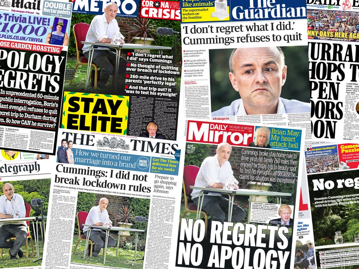 Stay Elite What The Papers Say About Dominic Cummings Refusal To Quit Politics The Guardian