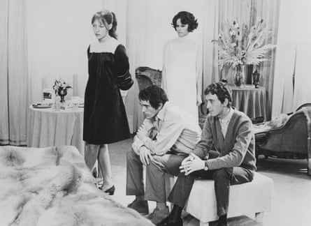 Anne Wiazemsky, left, in a scene from Teorema, 1968, with her co-stars, from left, Terence Stamp, Silvana Mangano and Andrés José Cruz Soublette.