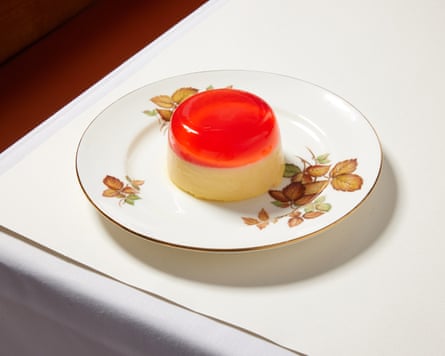 rhubarb jelly and custard on a plate