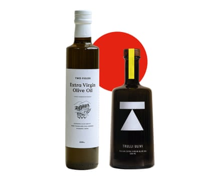 Two bottles of extra virgin olive oil.