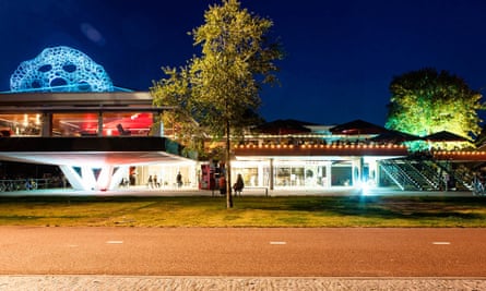 Exterior, wide shot of Tolhuistuin club in Amsterdam, taken at night.