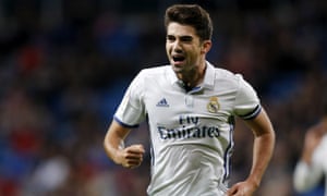 Enzo Zidane of Real Madrid celebrates after scoring agains Cultural Leonesa 18 minutes after his father Zinedine threw him on for his Real Madrid debut.